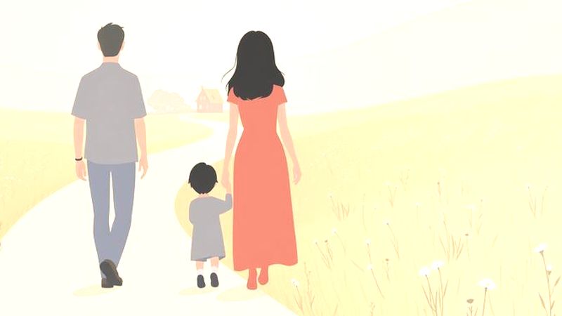 Padres y niño caminan en paz
